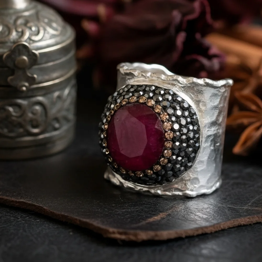 Boho Glam Ruby Gemstone Adjustable Turkish Handmade Wide Silver-Plated Ring